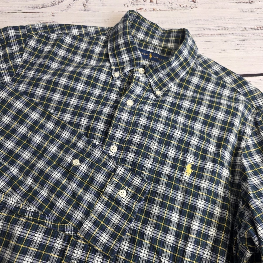 Ralph Lauren Shirt Mens Large Green Yellow Plaid Button Down Long Sleeve Pocket